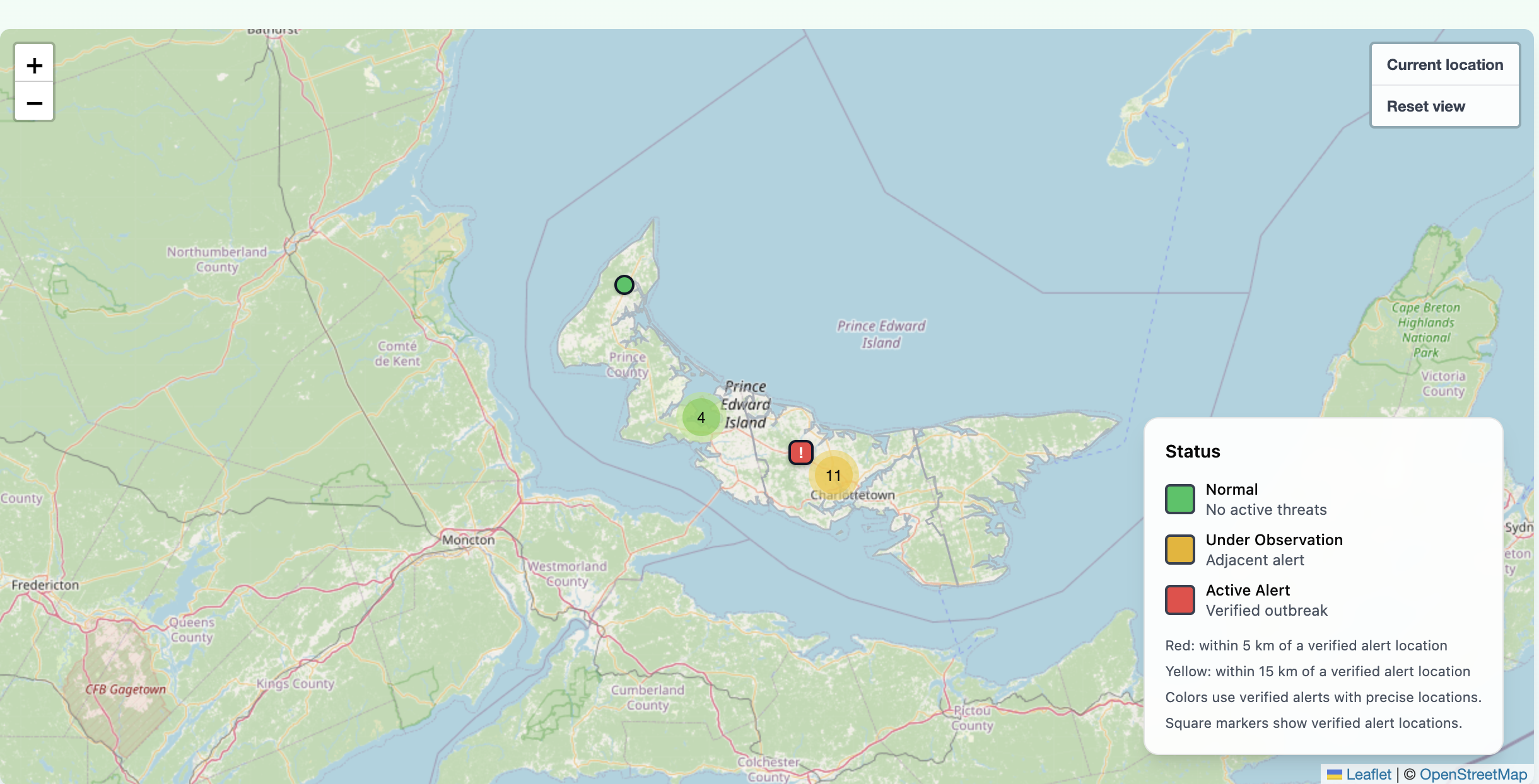 CropGuard Interactive Map showing PEI counties with color-coded disease status